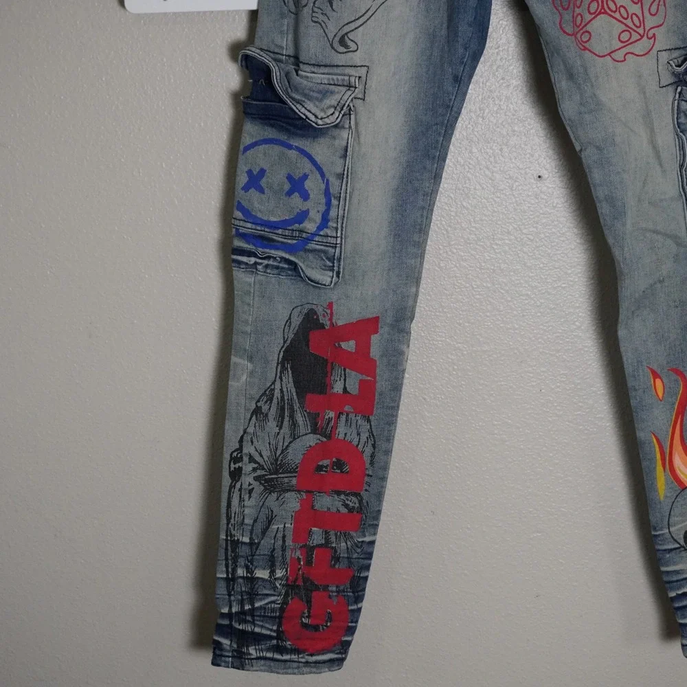 BIEPA Jeans Mens Painted Graphic Denim Jeans Blue Slim Fit Cargo Size 34‎